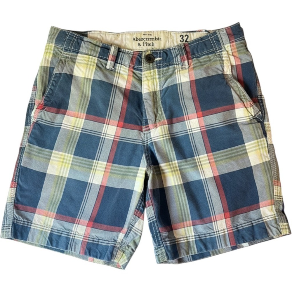 Vintage Abercrombie &‎ Fitch Mens Plaid Shorts 32" Blue Red Yellow Cotton Flat